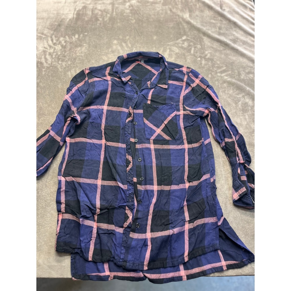 Charlotte Russe Womens Blue Pink Plaid Flannel Button Up Shirt Roll Tab Sleeve M